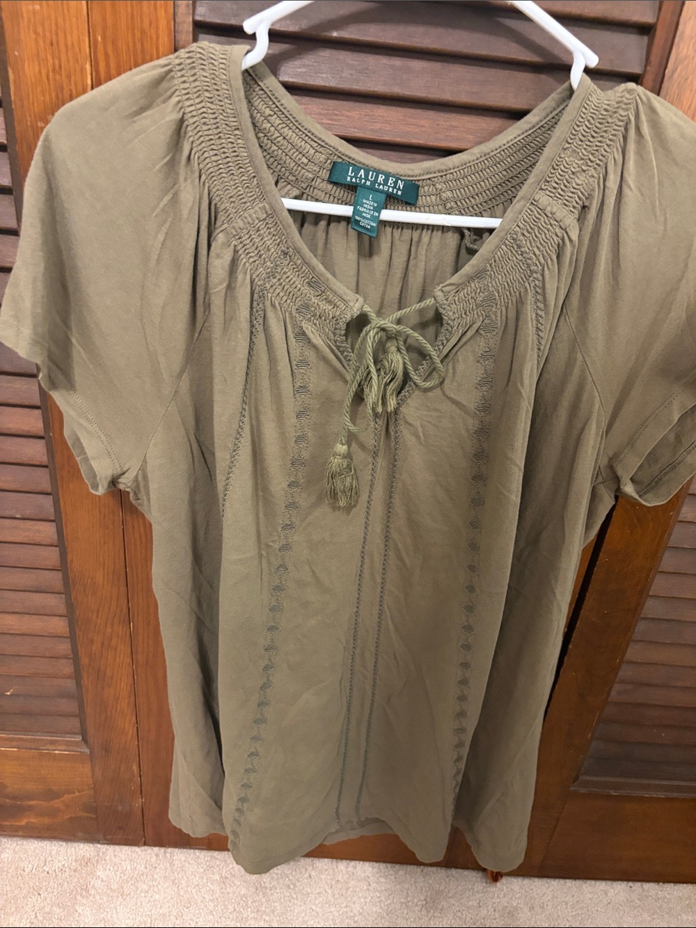 Lauren Ralph Lauren Olive Green Tie-Detail Peasant Tunic